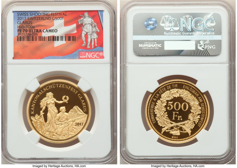 Confederation gold Proof "Glarus Shooting Festival" 500 Francs 2017 PR70 Ultra C...