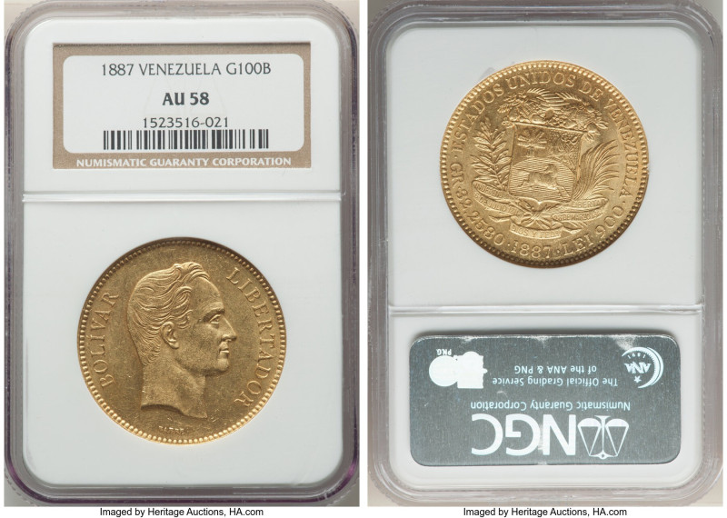 Republic gold 100 Bolivares 1887 AU58 NGC, Caracas mint, KM-Y34, Fr-2. Mintage 2...