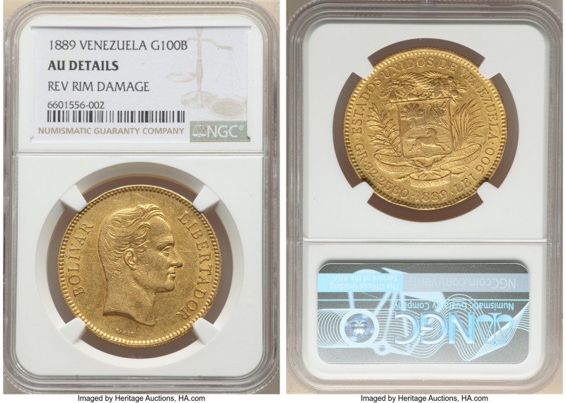 Republic gold 100 Bolivares 1889 AU Details (Reverse Rim Damage) NGC, Caracas mi...