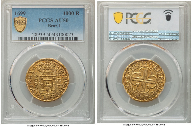 Pedro II gold 4000 Reis 1699 AU50 PCGS, KM98, LMB-1699. Rubbed but confidently s...