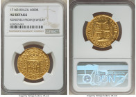 João V gold 4000 Reis 1716-B AU Details (Removed From Jewelry) NGC, Bahia mint, KM106, LMB-62. A glowing offering blessed with a notably deep strike, ...