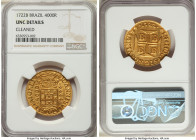 João V gold 4000 Reis 1722-B UNC Details (Cleaned) NGC, Bahia mint, KM106, LMB-68. Somewhat muted but not lacking at all in clarity, composition, or a...