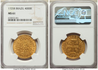 João V gold 4000 Reis 1725-R MS61 NGC, Rio de Janeiro mint, KM102, LMB-177. One of two Mint State examples on NGC's census, the piece at hand exhibits...