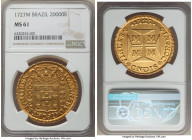 João V gold 20000 Reis 1727-M MS61 NGC, Vila Rica mint, KM117, LMB-251. Final date of four-year type. A tempting Mint State representative of this cov...