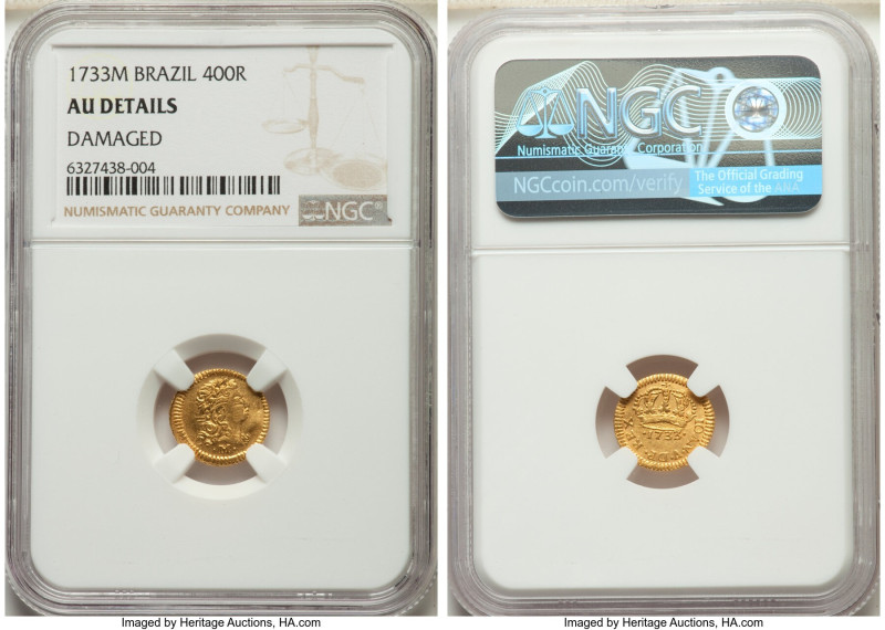 João V gold 400 Reis 1733-M AU Details (Damaged) NGC, Minas Gerais mint, KM145, ...