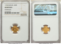 João V gold 400 Reis 1733-M AU Details (Damaged) NGC, Minas Gerais mint, KM145, LMB-254. A difficult type to acquire in any state of preservation, bol...