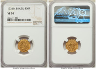 João V gold 800 Reis 1734-M VF30 NGC, Minas Gerais mint, KM120, LMB-263. Last year of type. An expected state of preservation for the series, admittin...