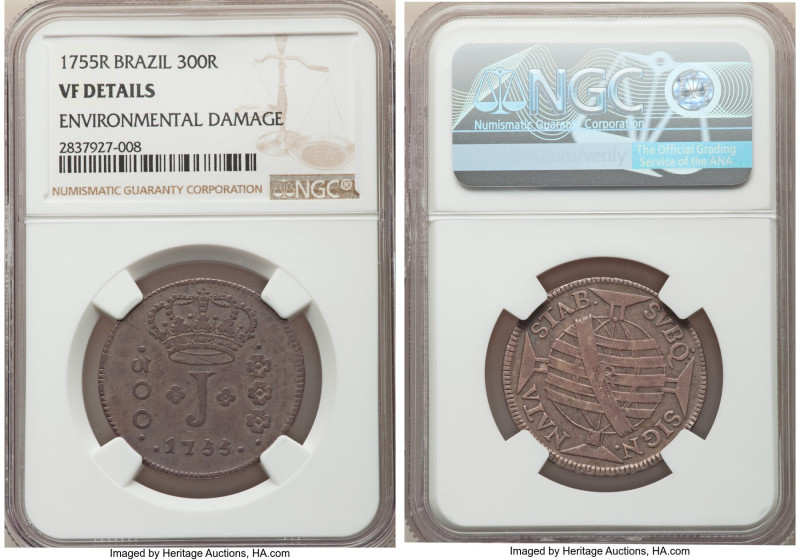 Jose I 300 Reis 1755-R VF Details (Environmental Damage) NGC, KM186, LMB-262. A ...