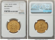 Jose I gold 4000 Reis 1758-(l) UNC Details (Cleaned) NGC, Lisbon mint, KM171.2, LMB-313. A precisely struck selection boasting no subsequent rub, wear...