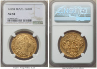 Jose I gold 6400 Reis 1765-B AU58 NGC, Bahia mint, KM172.1, LMB-395. On the doorstep of Mint State, exhibiting deeply struck legends that are supporte...