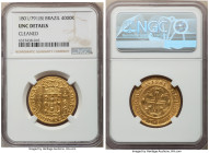 Maria I gold 4000 Reis 1801/791-(B) UNC Details (Cleaned) NGC, Bahia mint, KM225.2, cf. LMB-499 (overdate unlisted). An exacting strike with only mini...