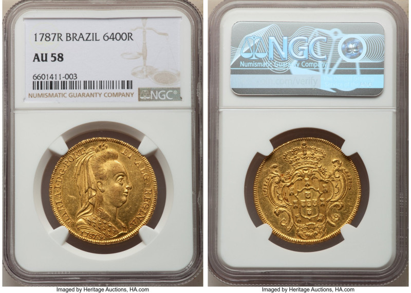 Maria I gold 6400 Reis 1787-R AU58 NGC, Rio de Janeiro mint, KM218.1, LMB-524. A...