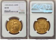 Maria I gold 6400 Reis 1787-R AU58 NGC, Rio de Janeiro mint, KM218.1, LMB-524. A near-Mint State representative of this mournful design, exhibiting so...