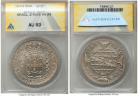 João Prince Regent 960 Reis 1810-R AU53 ANACS, Rio de Janeiro mint, KM307.3, LMB-420. Overstruck on a Mexico Charles IV 8 Reales 1789 Mo-FM. A radiant...