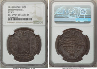 João VI 960 Reis 1818-R XF45 NGC, Rio de Janeiro mint, KM326.1, LMB-428a. Shield obverse variety. Overstruck on a Spain Ferdinand VII 8 Reales 1814 C-...