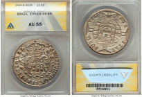 João VI 960 Reis 1820-B AU55 ANACS, Bahia mint, KM326.2, LMB-462a. Overstruck on a colonial 8 Reales. Well struck, showing bold devices and argent sur...