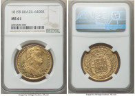 João VI gold 6400 Reis 1819-R MS61 NGC, Rio de Janeiro mint, KM328, LMB-588. Mintage: 9,227. Precisely struck, wearing untoned surfaces with semi-Proo...