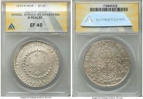 Pedro I 960 Reis 1824-R XF45 ANACS, Rio de Janeiro mint, KM368.1, LMB-505. Overstruck on a Argentina Rio de la Plata "Sun Face" 8 Reales or 8 Soles. B...