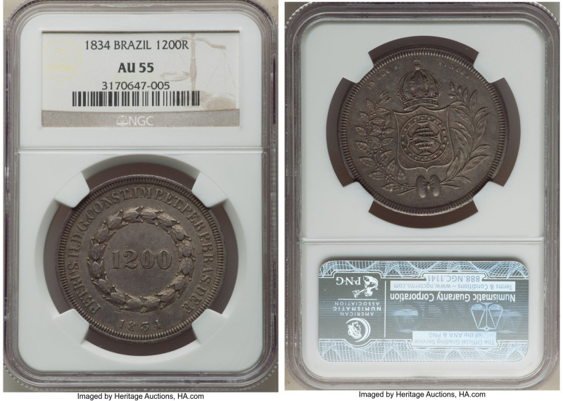 Pedro II 1200 Reis 1834 AU55 NGC, KM454, LMB-P552. Mintage: 891. One of the lowe...