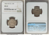 Pedro II 50 Reis 1886 MS62 NGC, KM482, LMB-25. A delightfully crisp selection draped in a beautiful sheet of glimmering champagne tone on the obverse....