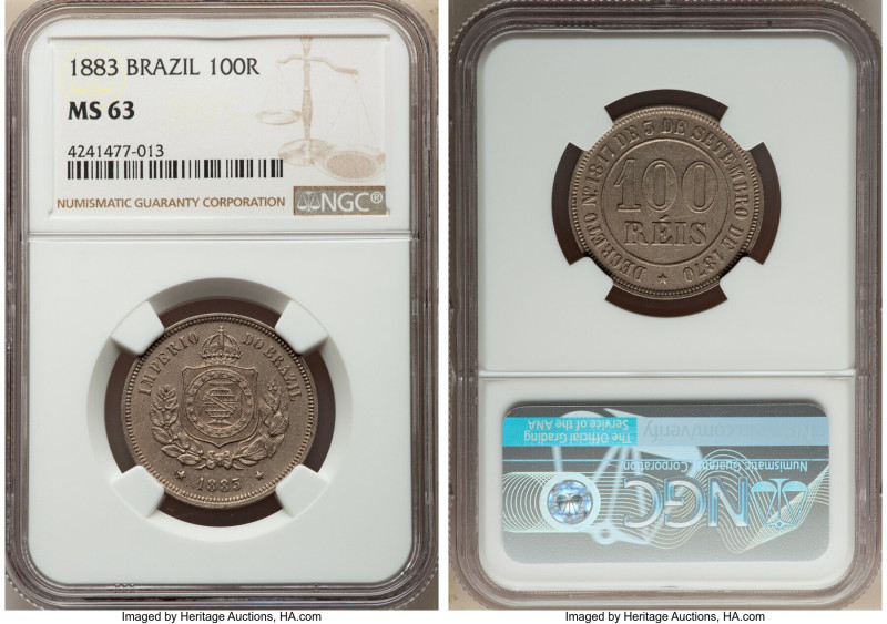 Pedro II 100 Reis 1883 MS63 NGC, KM477, LMB-13. Mintage: 2,700. From a lower min...