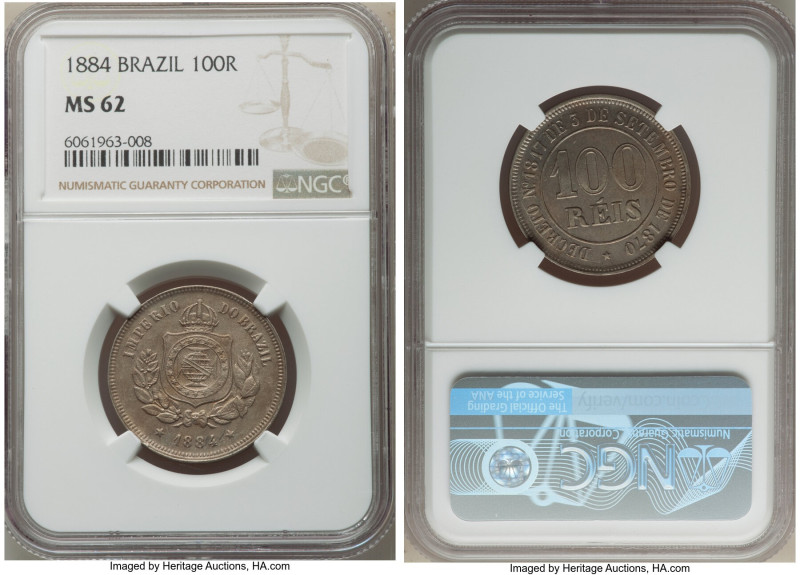 Pedro II 100 Reis 1884 MS62 NGC, KM477, LMB-14. A peach and dove gray patina clo...