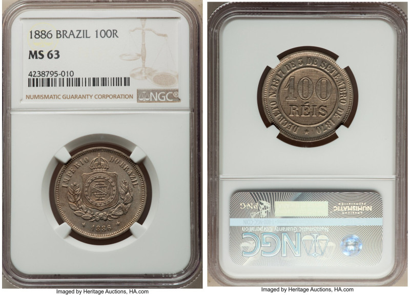 Pedro II 100 Reis 1886 MS63 NGC, KM483, LMB-28. First year of type. A desirable ...