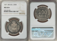 Pedro II 200 Reis 1871 MS64 S NGC, Rio de Janeiro mint, KM478, LMB-16. First year of issue. An especially attractive rendition of this inaugural issue...