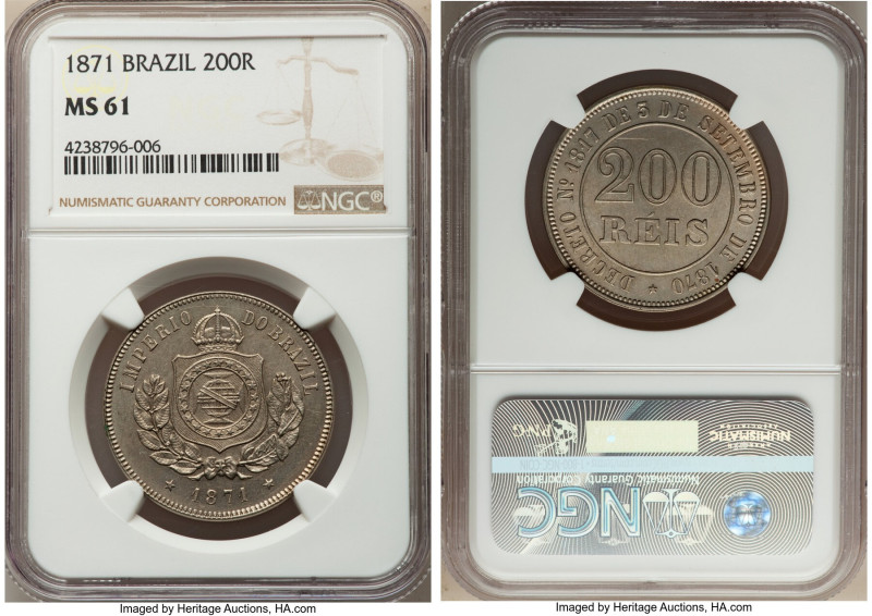 Pedro II 200 Reis 1871 MS61 NGC, KM478, LMB-16. First year of type. Hints of bab...