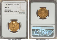 Pedro II gold 10000 Reis 1887 AU58 NGC, KM467, LMB-670. Mintage: 1,180. The key date of this long-running type, wearing semi-Prooflike fields that bea...