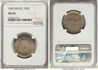 Republic 100 Reis 1889 MS63 NGC, KM492, LMB-39. First date of series. A fantastically chiseled choice selection dressed in an attractive ecru and viol...