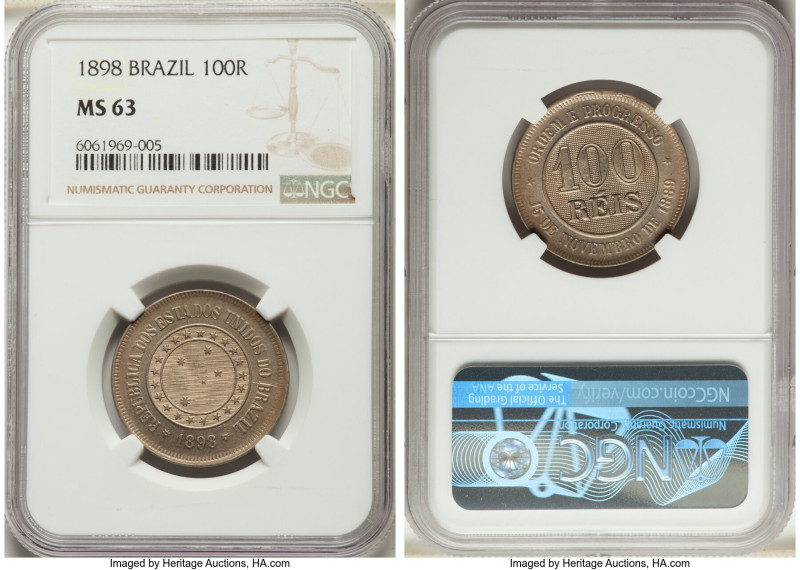 Republic 100 Reis 1898 MS63 NGC, KM492, LMB-42. An all-encompassing champagne pa...