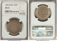 Republic 200 Reis 1889 MS63 NGC, KM493, LMB-45. First year of series. A decidedly sharp and satiny specimen enriched by attractive russet and sepia to...