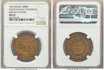 Republic bronze Pattern "Independence Centennial" 2000 Reis 1922 MS63 NGC, LMB-E241, cf. Bentes-E60.05 (date unlisted). The sole example graded across...