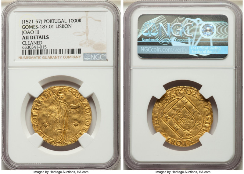 Joao III gold São Vicente (1000 Reis) ND (1521-1557) AU Details (Cleaned) NGC, L...