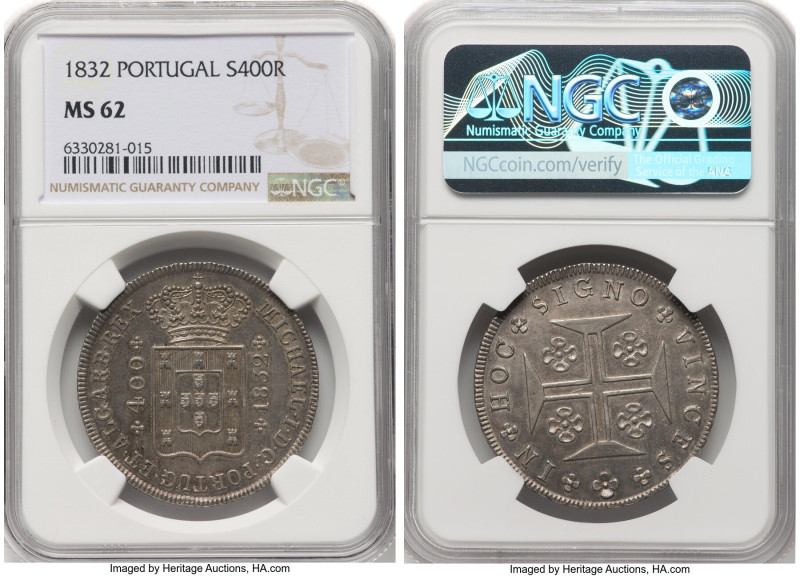 Miguel 400 Reis 1832 MS62 NGC, KM386, Gomes-11.03. Blessed with a near choice st...