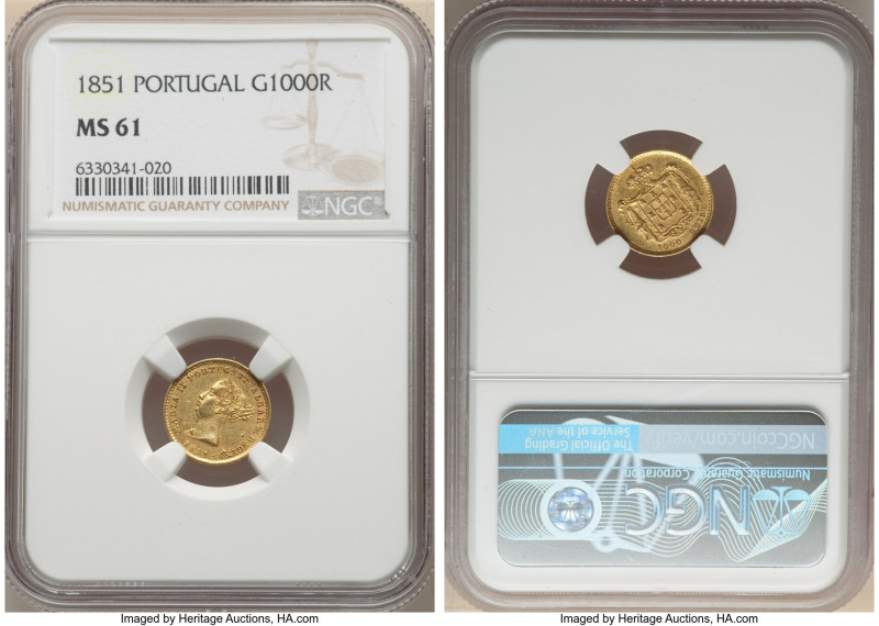 Maria II gold 1000 Reis 1851 MS61 NGC, KM486, Gomes-41.01. Mintage: 12,000. One-...