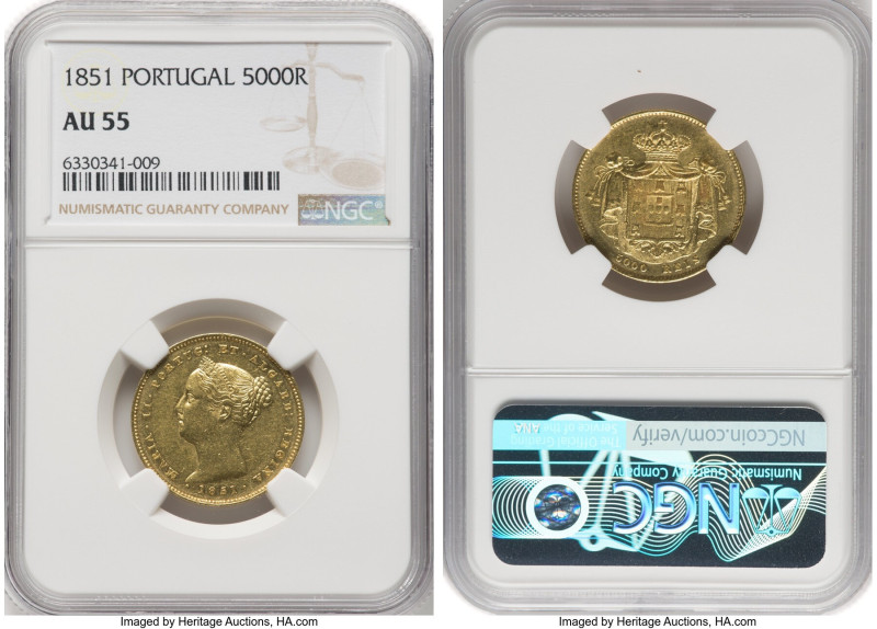 Maria II gold 5000 Reis 1851 AU55 NGC, KM475.2, Gomes-45.03. Somewhat muted lust...