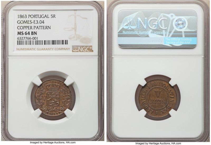 Luiz I copper Pattern 5 Reis 1863 MS64 Brown NGC, KM-Pn130, Gomes-E3.04. An envi...