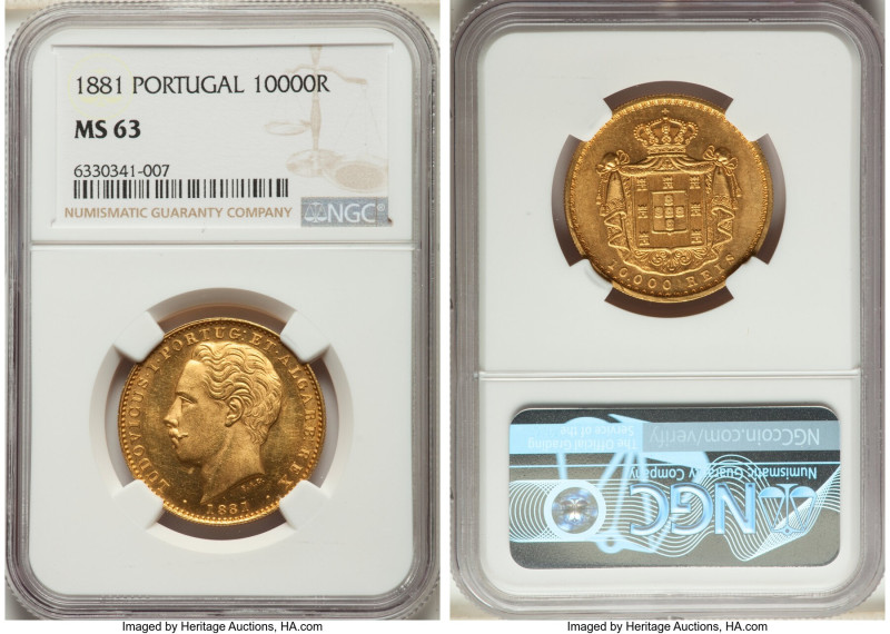 Luiz I gold 10000 Reis 1881 MS63 NGC, KM520, Gomes-17.06. Wholly choice, draped ...