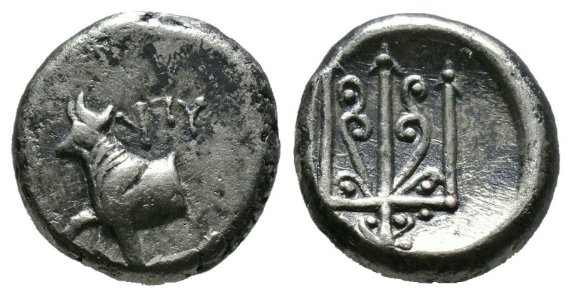 THRACE Byzantion circa 353-340 BC. Hemidrachm 
forepart of bull right 
Rev. Orna...