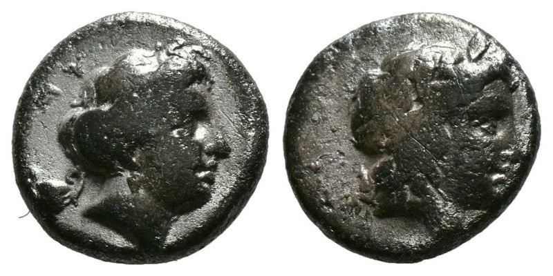 LESBOS. Mytilene. Circa 400-350 BC. Diobol 
Laureate head of Apollo to right. 
R...