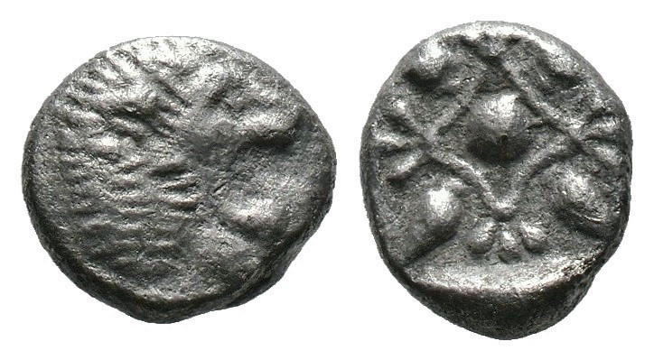 IONIA, Miletos. 600-550 BC. AR Obol 
 Forepart of roaring lion, head turned back...