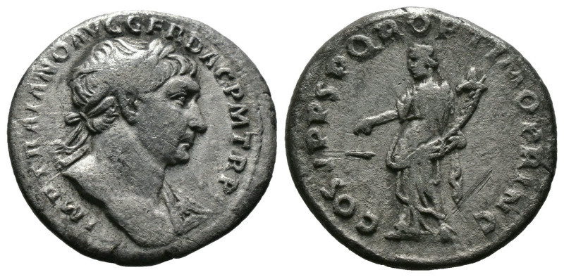 Trajan, 98-117. AR Denarius Rome, circa 107. 
 Laureate bust of Trajan to right,...