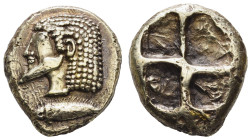 Griechen Mysia
Kyzikos EL Stater 550/475 v.u.Z. archaischer Stil, Av.: bärtiger Kopf mit Spitzbart nach links, darunter Thunfisch nach links, Rv.: un...