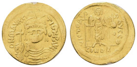 Byzanz
Mauricius Tiberius, 582-602 AV Solidus 583-602 Konstantinopel Av.: drapierte Panzerbüste von vorn mit Helm, Perlendiadem und Kreuzglobus, Rv.....