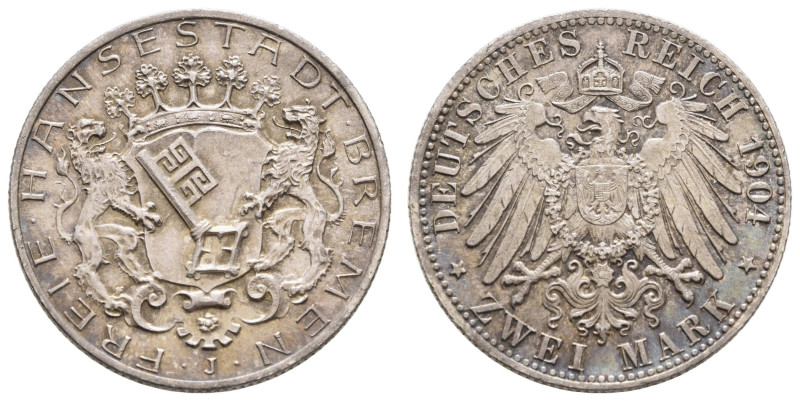 Kaiserreich Silbermünzen Bremen
Stadt 2 M 1901 Prachtvolle Patina. Jaeger 59 st...