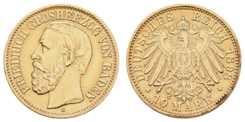 Kaiserreich Goldmünzen Baden
Friedrich I.1856-1907 10 M 1898 G stark berieben J...