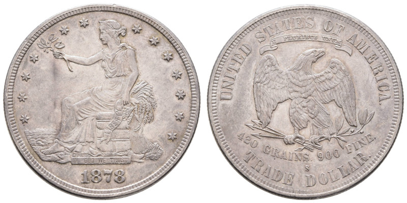 USA
Republik 1 $ 1878 S Trade Dollar. Sehr schöne Tönung. K.M. 108 26.79 g. Sel...