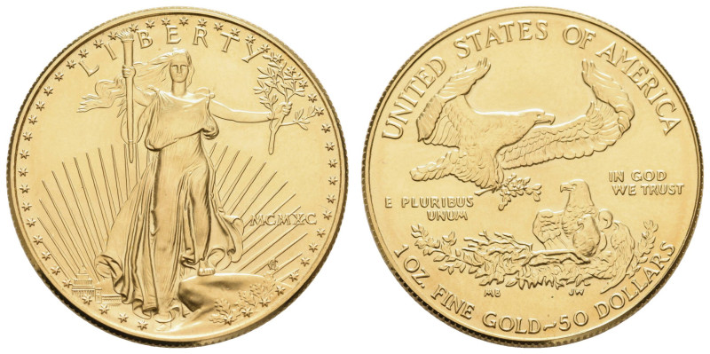 USA
Republik 50 $ 1990 Philadelphia Walking Liberty mit Motto und römischer Jah...